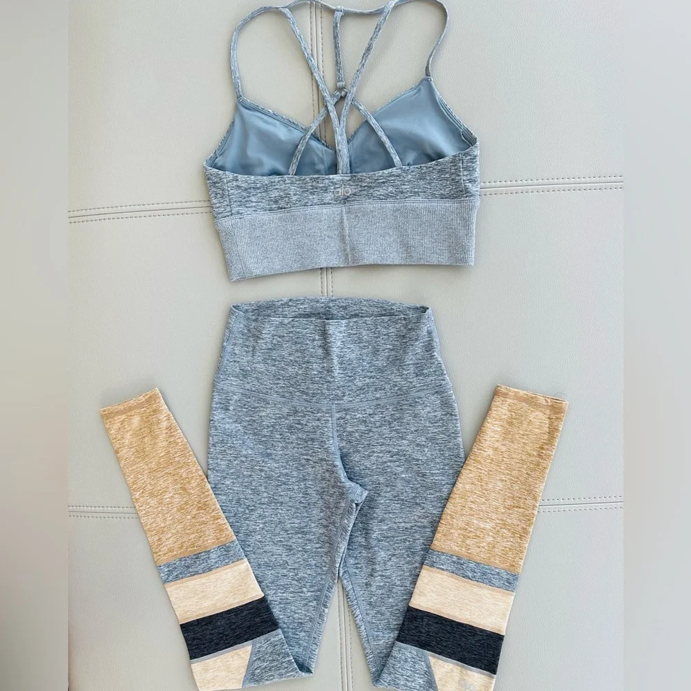 NWOT ALO Yoga Alosoft 2-Piece SET MED Bra Top + XXS Legging in Blue-Gray Heather - Picture 7 of 16
